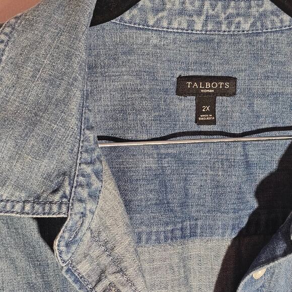 Talbots Denim Button Up Roll Tab Sleeve Sz 2X 100% Cotton Soft Minimalist - Picture 4 of 7